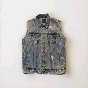 ZARA Man Denim Vest Mens Medium Distressed Biker Moto Grommets Sleeveless Jean - Picture 1 of 8