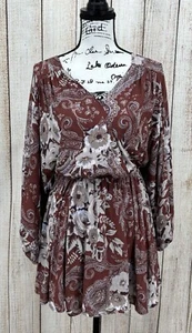 Free People High Plains Mini Dress Size XS Brown Paisley Floral Boho Long Sleeve - Picture 1 of 6