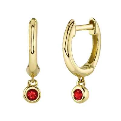 14K Yellow Gold Ruby Bezel Huggie Drop Earrings Natural Round Gemstone 0.08CT - Image 1 of 4