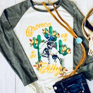Western Rodeo Raglan Tee Cowgirl Style Top Womens Size Small 3/4 Length Sleeves - Picture 1 of 1