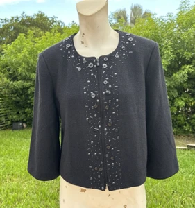 ST JOHN COLLECTION BLACK EMBELLISHED SANTANA KNIT ZIP FRONT JACKET Sz L RT 09' - Picture 1 of 16
