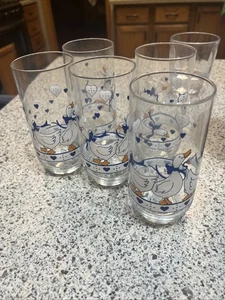 Vintage Drinking Glasses Ducks With Hearts And Blue Ribbon Country Decor Set-5 - Picture 1 of 5