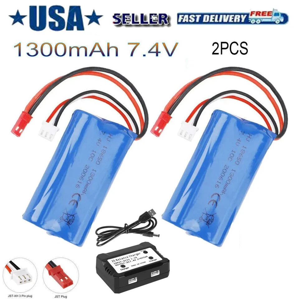 2x Li-ion Battery 7.4V 1300mAh 15C JST Plug & Charger for RC Car Off Road Truck - Image 1 of 4