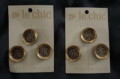 2 Cards 6 Vintage Antique Gold Round Concave Shank Buttons Le Chic 7/8" NOS - Image 1 of 4