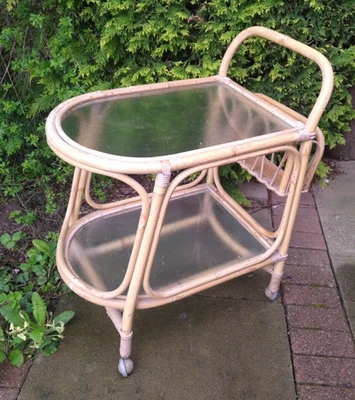 Angraves Invincible Bamboo Drinks Trolley Mid Century Cane Bar Cart Two Tiers - Image 1 of 4