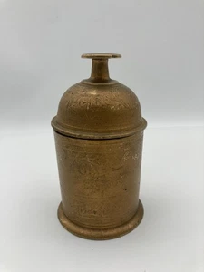 Vintage Brass Desk Service Waiter Bell Lidded 2 pc NICE Sound Engraving 5.5" - Picture 1 of 3