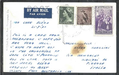 1956 AUSTRALIA MULTI FRANCHISING AIRMAIL POSTCARD COVER FROM MELBOURN TO ITALY Foto 1 de 2