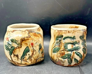Teiera e tazza giapponese Oribe ware forma libera ceramica incisa firmata artista - Foto 1 di 21
