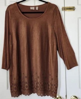 Blusa túnica de suade marrón manga 3/4 Chico's 3 recorte láser talla XL  Foto 1 de 4