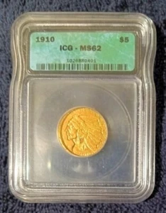 1910 $5 dorado Half Eagle, ICG como nuevo 62, excepcional para el grado - Imagen 1 de 5