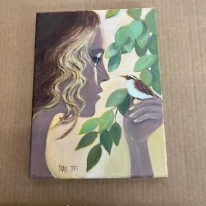 girl with bird, modernist painting oil on canvas, unframed signed Dian - Picture 1 of 4