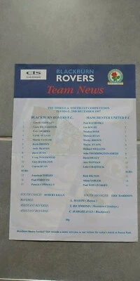 1997/1998 BLACKBURN ROVERS v MANCHESTER UNITED FA YOUTH CUP TEAMSHEET - Image 1 of 2