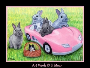 Tuxedo Kitten Cat Bunny Rabbit Pink Car ACEO Limited Edition Mini Art Print - Picture 1 of 1
