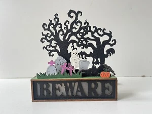 TK Maxx Halloween Wooden Ornament Beware Light Up Graveyard Spooky Decoration - Picture 1 of 12