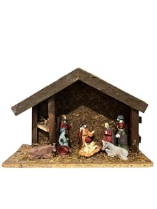 Vintage Krippe Krippe Holz rustikal Stall 8 Figuren weiser Mann Jesus Maria - Bild 1 von 18