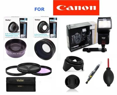 ZOOM LENS+WIDE ANGLE LENS+ FLASH + GIFTS FOR CANON EOS T3 T4 T5 T5I 30D 20D XS - Image 1 of 4