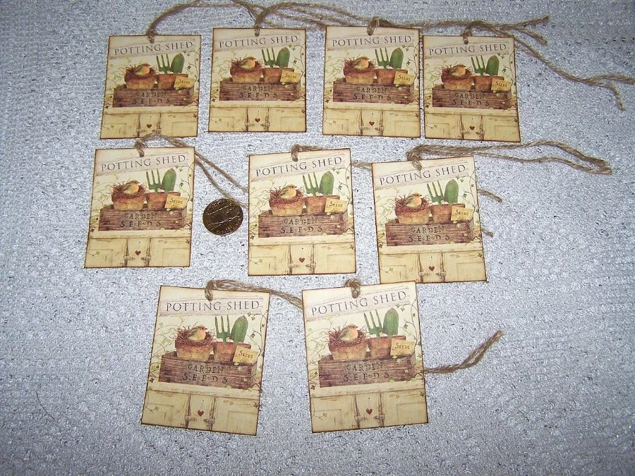 9~Spring~Primitive~Garden~Potting Shed~Linen Cardstock~Gift~Hang~Tags~Ornaments - Image 1 of 1