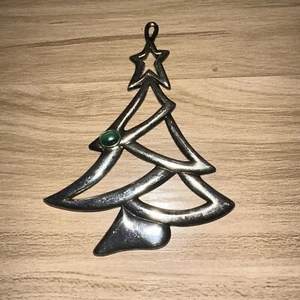 Vntg Gorham Silverplated Pierced Christmas Tree Ornament With Green stone - Picture 1 of 5