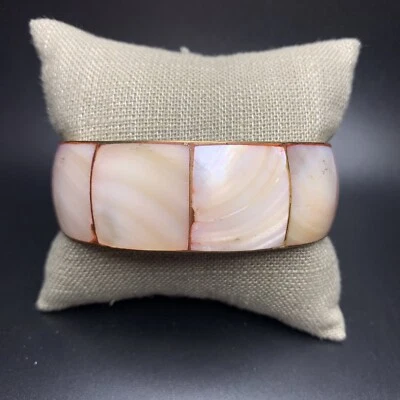 Mother of Pearl Pink Bangle Bracelet Brass Boho Inlay Panel Boho MOP Statement - Image 1 of 4