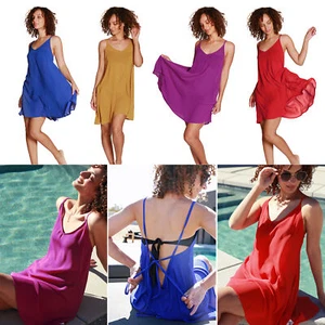 Women’s Swim Bathing Suit Cover Up, Summer Chiffon Backless Beach Mini Sundress - Picture 1 of 33