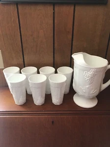 Vintage Indiana Colony Harvest Grape Milk Glass Pitcher & 7 Tumblers Set - Picture 1 of 7