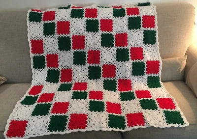 Handmade Christmas Colors  Red, Green and White Granny Throw - Image 1 of 3