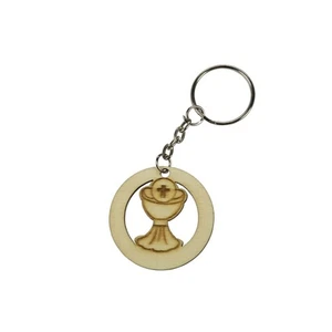 12X Portachiavi legno tondo CALICE PRIMA COMUNIONE bomboniera 1AZT - Foto 1 di 1