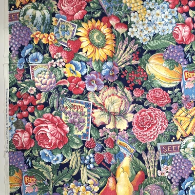VTG Flowers Produce Seed Packs Allover Print Kessler Concord Cotton Fabric 31" L - Image 1 of 4