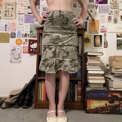 Rare Vintage Y2K Camo Green Ruffled Midi Skirt With Gold Sequins - Image 1 of 4