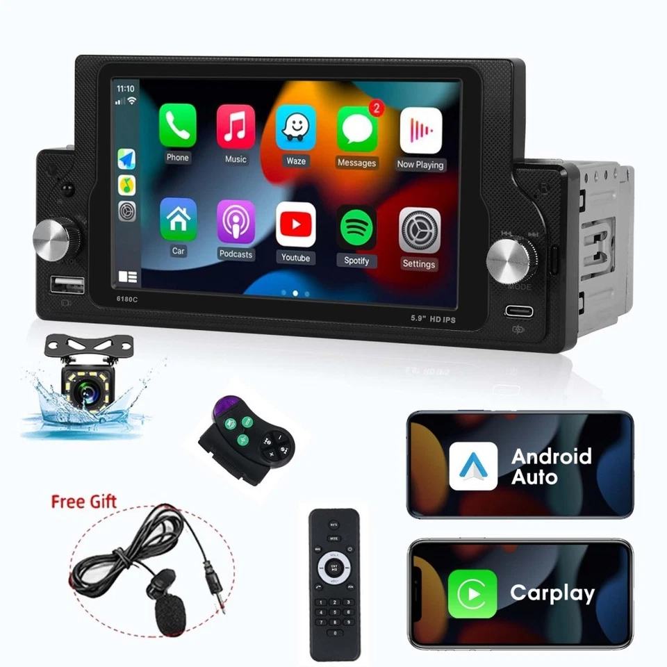 Single 1Din Car Stereo Radio For Apple/Android CarPlay 5" Touch MP5 Bluetooth FM - Image 1 of 4