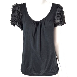 Women's Black Top Short Frill Sleeves Scoop Neckline Summer Stretch Blouse Sz 10 - Picture 1 of 8