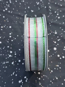New Christmas Ribbon ROLL 1.5'' x 40 FT Wire Edge silver glitter w/ red & green - Picture 1 of 3
