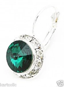 AUSTRIAN CRYSTAL ELEMENTS-10MM -CRYSTAL EMERALD- SIL.PLT. LEV-BACK EARRING-SM - Picture 1 of 6