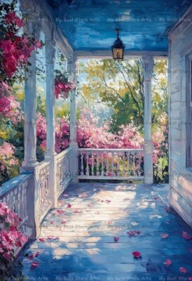 PÓRTICO FLOR DE CEREJEIRA ROMÂNTICO PRIMAVERA VARANDA ARTE IMPRESSÃO, Pintura Decoração para Casa E420 - Imagem 1 de 2