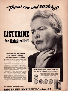 Listerine Antiseptic Pretty Lady with Sore Throat Scratchy Vintage Print Ad 1956 - Bild 1 von 4