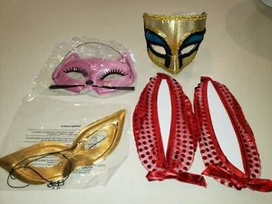 3 NEW NIP HALF FACE MASKS PINK CAT WHISKERS GOLD EYES RED SLIPPERS GIRLS BLUE @@ - Picture 1 of 1