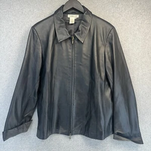 Coldwater Creek Leather Jacket Black Womens 1X Lightweight Soft Two Way Zipper - Picture 1 of 12