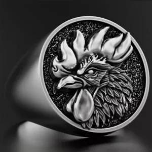 Rooster Cock bird Chicken Signet Ring oxidized 925 silver rider biker gift - Picture 1 of 4