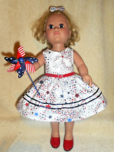 18" doll clothes fits American girl - July 4th dress, shoes, bow, pinwheel