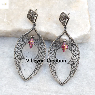 Natural Pave Diamond Dangle Earrings Gemstone Jewelry 925 Silver Gift For Women - Image 1 of 4