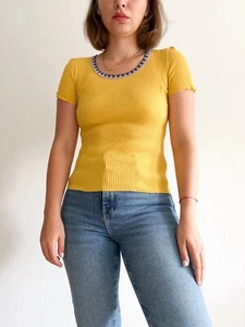 ETRO Women's Cotton Ribbed Knit T-Shirt Slim-Fit Contrast Neckline Stretch Top - Picture 1 of 8