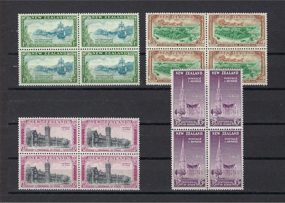 Nueva Zelanda 1948 Sc# 269-72 Set Universidad de Otago Primera Iglesia Barco Bloques 4 MNH Foto 1 de 1