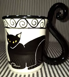 VTG SIGNED APRIL GADLER BLACK SIAMESE CAT w/TAIL DOTS ART POTTERY COFFEE MUG CUP - Picture 1 of 9