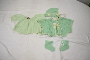 Vintage 60's Toddler Girls Green Crochet Sweater Jacket, Booties, Bonnet Set - Picture 1 of 15