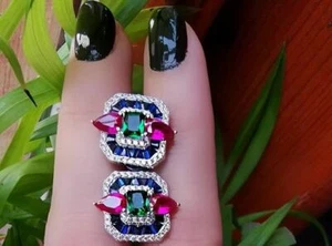 Gorgeous Multi Color Multi Shape Shiny Gemstones With White CZ Border Earrings - Picture 1 of 4