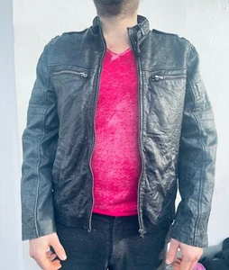 FREAKY NATION uomo vera pelle vintage giacca in pelle camicetta XXL look usato nero - Foto 1 di 13