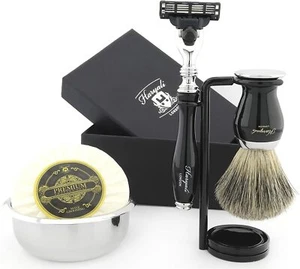 Maquinilla de afeitar de 3 bordes y cepillo de afeitar de tejón negro | Juego de afeitado completo Kit de regalo para hombre - Imagen 1 de 7