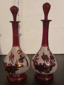 2 Matched Antique Bohemian Red Ruby & Frosted Decanters Hand Blown Stoppers 1920 - Picture 1 of 10