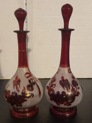 2 Matched Antique Bohemian Red Ruby & Frosted Decanters Hand Blown Stoppers 1920 - Image 1 of 4