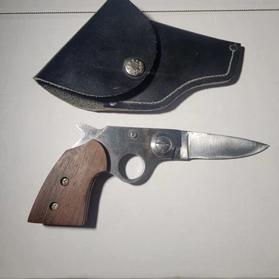 老式锁背折叠枪刀 + 皮革枪套。 不锈钢。  — 第 1/4 张图片